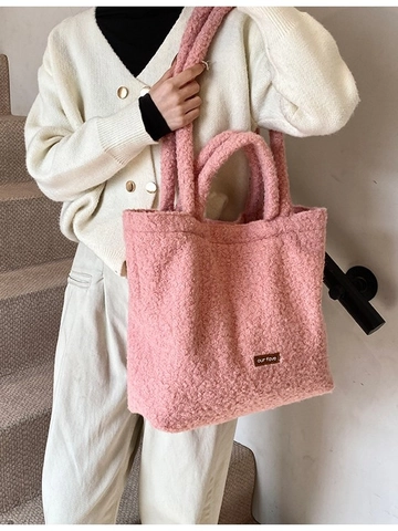 Bolso Tote de Felpa para Mujer Gran Capacidad Piel de Cordero Sintética Bolso de Hombro Otoño Invierno Bolso de Mano Color Sólido