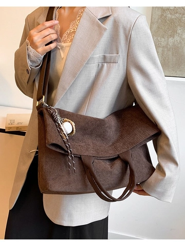 Bolso Tote de Pana Vintage para Mujer Gran Capacidad Bandolera Con Colgante de Béisbol Casual Conmutar Bolso de Mano Hombro