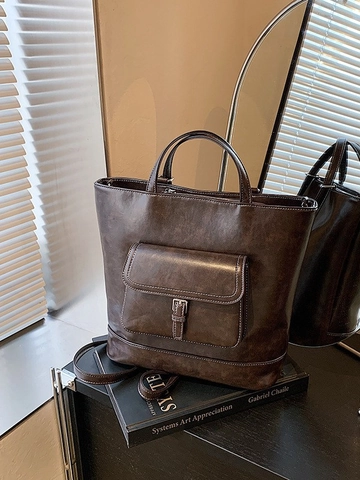 Vintage PU Leer Dames Rugzak Grote Capaciteit Tote Bag Met Voorvak Contraststiksel Retro Schoudertas