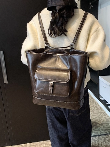 Vintage PU Leer Dames Rugzak Grote Capaciteit Tote Bag Met Voorvak Contraststiksel Retro Schoudertas
