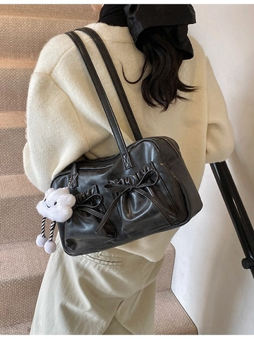 Women Vintage PU Leather Underarm Bag Bowknot Decor Shoulder Tote Handbag Casual Daily Shoulder Bag With Cloud Plush Pendant
