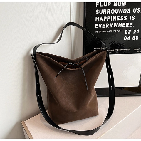 Large Suede Shoulder Bag Women Versatile Tote Bag With Bow Drawstring Casual Crossbody Bag Solid Color Daily Commuting Handbag