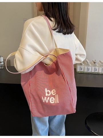 Damen Koreanischer Stil Streifen Segeltuch Tote Tasche Mode Buchstabendruck Große Kapazität Schulter Einkaufstasche Lässig Handtasche Pendlertasche