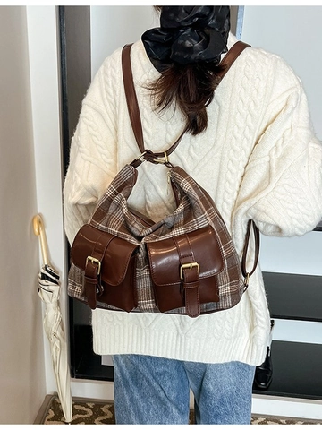 Sac à Dos en Laine à Carreaux Vintage pour Femmes Style Britannique Grande Capacité Sac à Bandoulière Épissée en Cuir PU