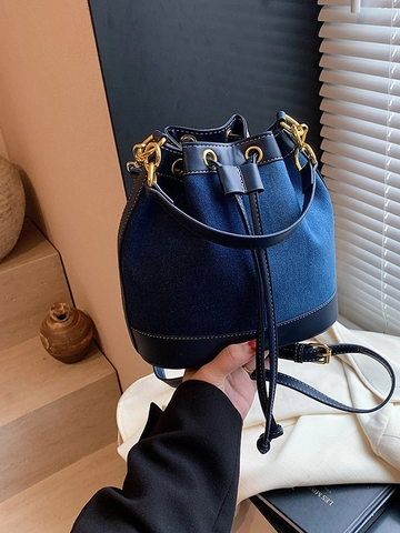 Borsa a Secchiello in Denim Patchwork da Donna Borsa a Tracolla Retro con Coulisse in Pelle PU Grande Capacità Moda Casual