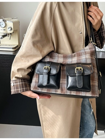 Sac à Dos en Laine à Carreaux Vintage pour Femmes Style Britannique Grande Capacité Sac à Bandoulière Épissée en Cuir PU