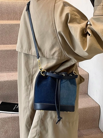 Borsa a Secchiello in Denim Patchwork da Donna Borsa a Tracolla Retro con Coulisse in Pelle PU Grande Capacità Moda Casual