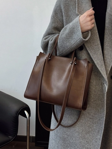 Women Large Capacity PU Leather Tote Bag Minimalist Korean Style Solid Color Shoulder Bag Versatile Commuter Handbag