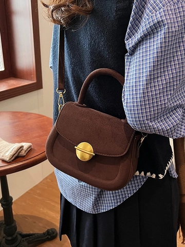 Vintage Matte Suede PU Leather Saddle Crossbody Bag For Women Retro Gold Round Buckle Handbag With Adjustable Shoulder Strap