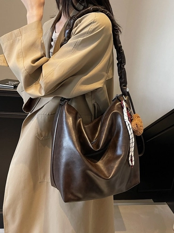 Women Large Capacity Shoulder Bucket Bag Pleated Scrunchie Strap PU Leather Hobo Bag With Plush Bear Charm And Scarf