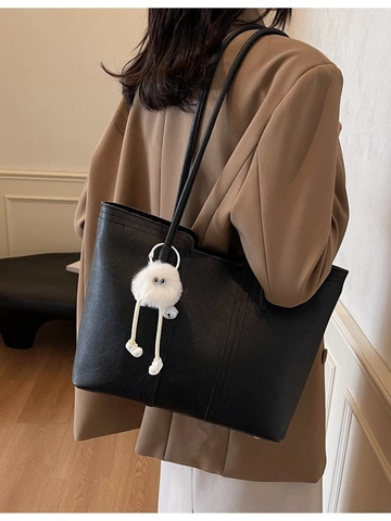 Bolso Tote Cuero PU Gran Capacidad Minimalista Con Colgante Bola Peluche Para Mujeres Casual Trabajo Escuela Hombro