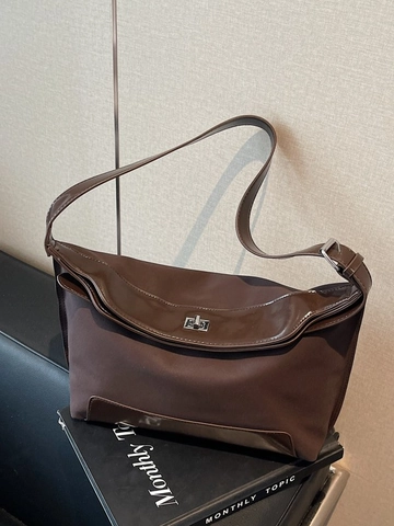 Large Capacity Women Tote Bag Vintage PU Leather Nylon Patchwork Crossbody Bag Metal Buckle Versatile Shoulder Bag For Daily