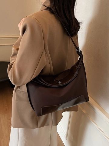 Large Capacity Women Tote Bag Vintage PU Leather Nylon Patchwork Crossbody Bag Metal Buckle Versatile Shoulder Bag For Daily