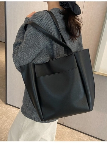 Women Large Capacity PU Leather Tote Bag Minimalist Litchi Texture Commuting Shoulder Bag With Front Pocket Handbag