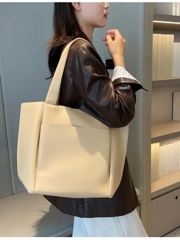 Women Large Capacity PU Leather Tote Bag Minimalist Litchi Texture Commuting Shoulder Bag With Front Pocket Handbag