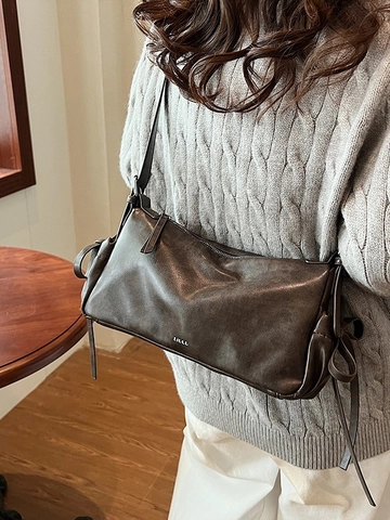 Vintage PU Leather Underarm Bag For Women High-End Minimalist Solid Color Crossbody Bag With Bow Detail Commute Purses