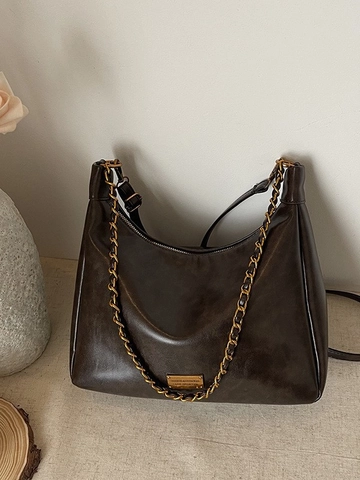 Vintage PU Leather Large Capacity Tote Bag Minimalist Women Shoulder Bag With Metal Chain Decoration Daily Commute Purse