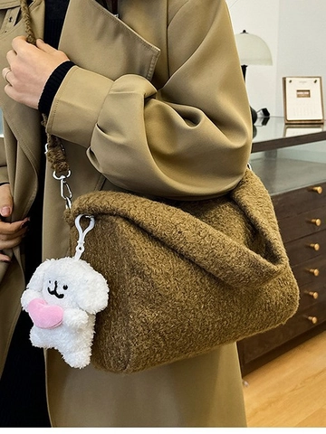 Women Korean Style Lamb Wool Plush Tote Bag With Puppy Charm Soft Faux Fur Shoulder Crossbody Bag Autumn Winter Bag