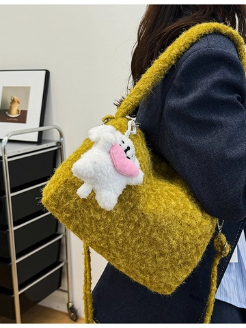 Women Korean Style Lamb Wool Plush Tote Bag With Puppy Charm Soft Faux Fur Shoulder Crossbody Bag Autumn Winter Bag