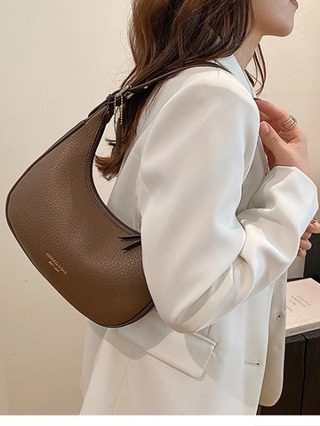 Bolso de Hombro Hobo Vintage para Mujer de Cuero PU Granulado Media Luna con Herrajes Dorados Bolso de Mano de Color Sólido