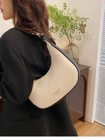 Bolso de Hombro Hobo Vintage para Mujer de Cuero PU Granulado Media Luna con Herrajes Dorados Bolso de Mano de Color Sólido