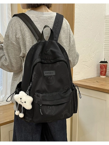Mochila de Nailon Linda para Mujer Gran Capacidad Impermeable Bolsa Escolar Estudiante Dulce Con Colgante de Nube de Peluche