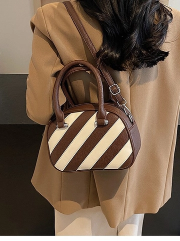 Women Fashion Colorblock Boston Bag PU Leather Litchi Texture Diagonal Stripe Top Handle Shoulder Crossbody Bag Trendy Satchel