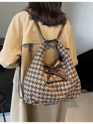 Vintage Τσάντα Tote Πιε-ντε-πουλ Μεγάλη Χωρητικότητα PU Δέρμα Ύφασμα Φιόγκος Διακόσμηση Τσάντα Ώμου Γυναικεία Μόδα Retro Καθημερινή Τσάντα