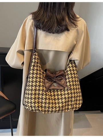 Vintage Τσάντα Tote Πιε-ντε-πουλ Μεγάλη Χωρητικότητα PU Δέρμα Ύφασμα Φιόγκος Διακόσμηση Τσάντα Ώμου Γυναικεία Μόδα Retro Καθημερινή Τσάντα