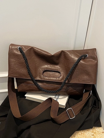 Borsa Tote in Pelle PU Vintage da Donna Grande Capacità Borsa a Tracolla Con Manico in Corda Intrecciata Minimalista Versatile Lavoro Scuola