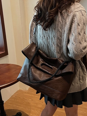Borsa Tote in Pelle PU Vintage da Donna Grande Capacità Borsa a Tracolla Con Manico in Corda Intrecciata Minimalista Versatile Lavoro Scuola