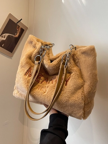 Sac Cabas en Peluche d'Hiver pour Femmes Grande Capacité Sac à Épaule en Fausse Fourrure Avec Broderie Lettre Chaîne Navettage