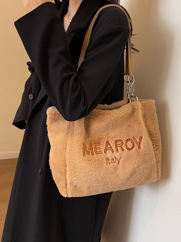 Sac Cabas en Peluche d'Hiver pour Femmes Grande Capacité Sac à Épaule en Fausse Fourrure Avec Broderie Lettre Chaîne Navettage