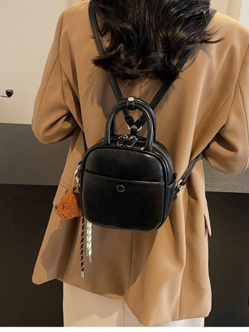 Vintage PU Leather Small Square Bag Mini Backpack Crossbody Handbag Teddy Bear Pendant Casual Fashion Women Bag