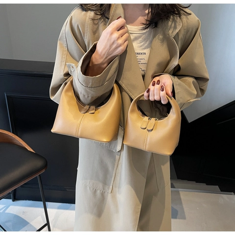 Women Minimalism PU Leather Handbag Solid Color Half Moon Shape Double Zipper Stitching Detail Small Bucket Bag For Daily