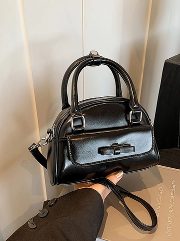 Bolso Boston Chic para Mujer Decoración de Lazo Bolso de Mano de Cuero PU Brillante Bolso Bandolera Moda Color Sólido Bolso de Hombro Con Correa Ajustable