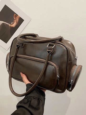 Bolso de Hombro para Mujer Gran Capacidad Cuero PU Retro Boston Bolso de Mano Con Múltiples Bolsillos Cremallera Diario Oficina