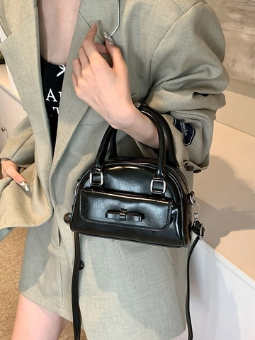 Bolso Boston Chic para Mujer Decoración de Lazo Bolso de Mano de Cuero PU Brillante Bolso Bandolera Moda Color Sólido Bolso de Hombro Con Correa Ajustable