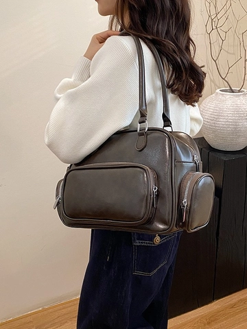 Bolso de Hombro para Mujer Gran Capacidad Cuero PU Retro Boston Bolso de Mano Con Múltiples Bolsillos Cremallera Diario Oficina