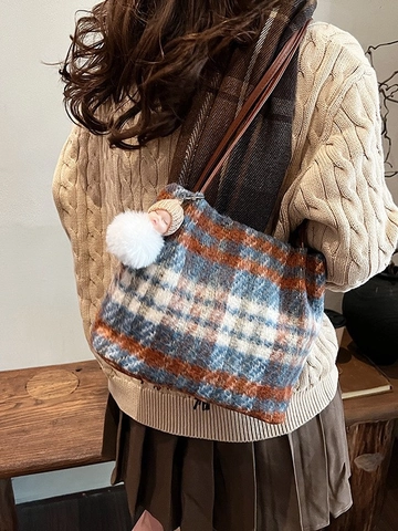 Women Retro Plaid Woolen Shoulder Bag Large Capacity Plush Tote Bag With Cute Doll Charm Autumn Winter Fashion Handbag