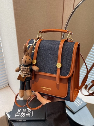 Women Retro Fashion Backpack Contrast Color Houndstooth Denim PU Leather Handbag With Rabbit Charm Vintage School Bag Multi-way Shoulder Bag