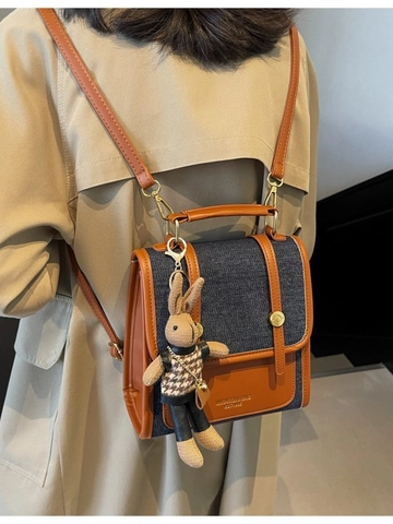 Women Retro Fashion Backpack Contrast Color Houndstooth Denim PU Leather Handbag With Rabbit Charm Vintage School Bag Multi-way Shoulder Bag