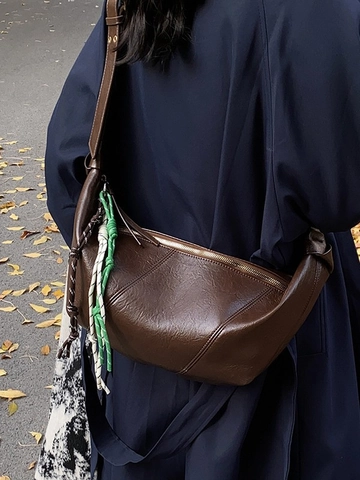Retro PU Leather Dumpling Crossbody Bag For Women Half Moon Shoulder Bag With Braided Rope Decoration Crescent Hobo Bag Fashion Handbag