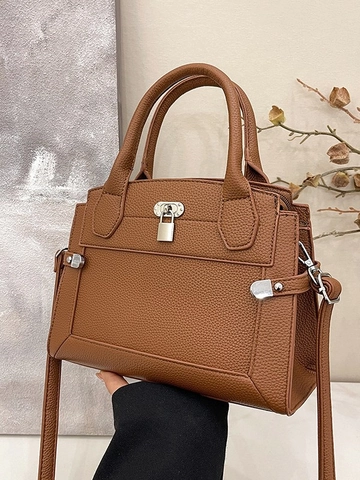 Women High-End PU Leather Crossbody Bag Fashion Litchi Texture Top Handle Handbag Large Capacity Shoulder Bag Silver Lock
