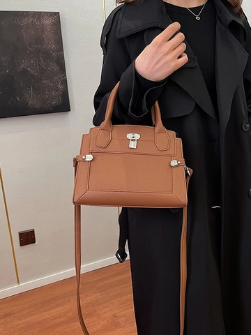 Women High-End PU Leather Crossbody Bag Fashion Litchi Texture Top Handle Handbag Large Capacity Shoulder Bag Silver Lock