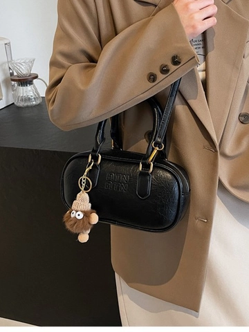Retro Women PU Leather Pillow Crossbody Bag With Plush Monster Charm Letter Embossed Handbag Versatile Shoulder Bag