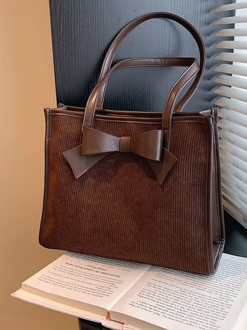 Bolso Tote de Pana de Gran Capacidad para Mujer Con Decoración de Lazo de Cuero PU Bolso de Hombro Vintage para Viaje Diario Moda Casual