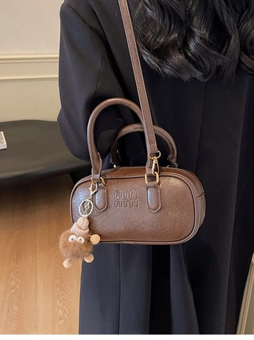 Retro Women PU Leather Pillow Crossbody Bag With Plush Monster Charm Letter Embossed Handbag Versatile Shoulder Bag