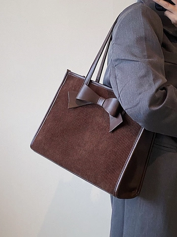 Bolso Tote de Pana de Gran Capacidad para Mujer Con Decoración de Lazo de Cuero PU Bolso de Hombro Vintage para Viaje Diario Moda Casual