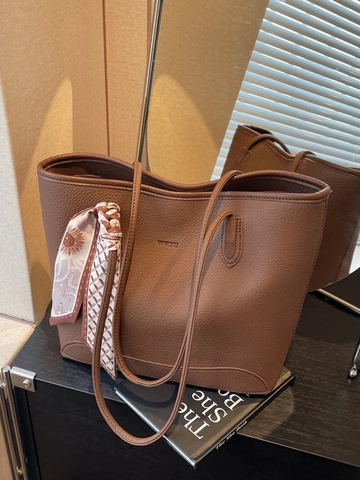 Borsa Tote da Donna alla Moda di Grande Capacità in Pelle PU con Motivo Litchi Borsa a Tracolla da Pendolare con Sciarpa di Seta Decorativa